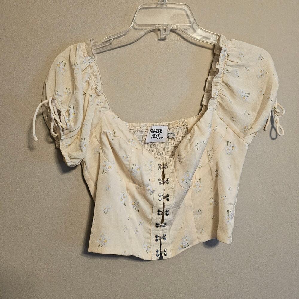 Princess Polly Pale Yellow Bustier Crop Top Floral Short Sleeve US 8